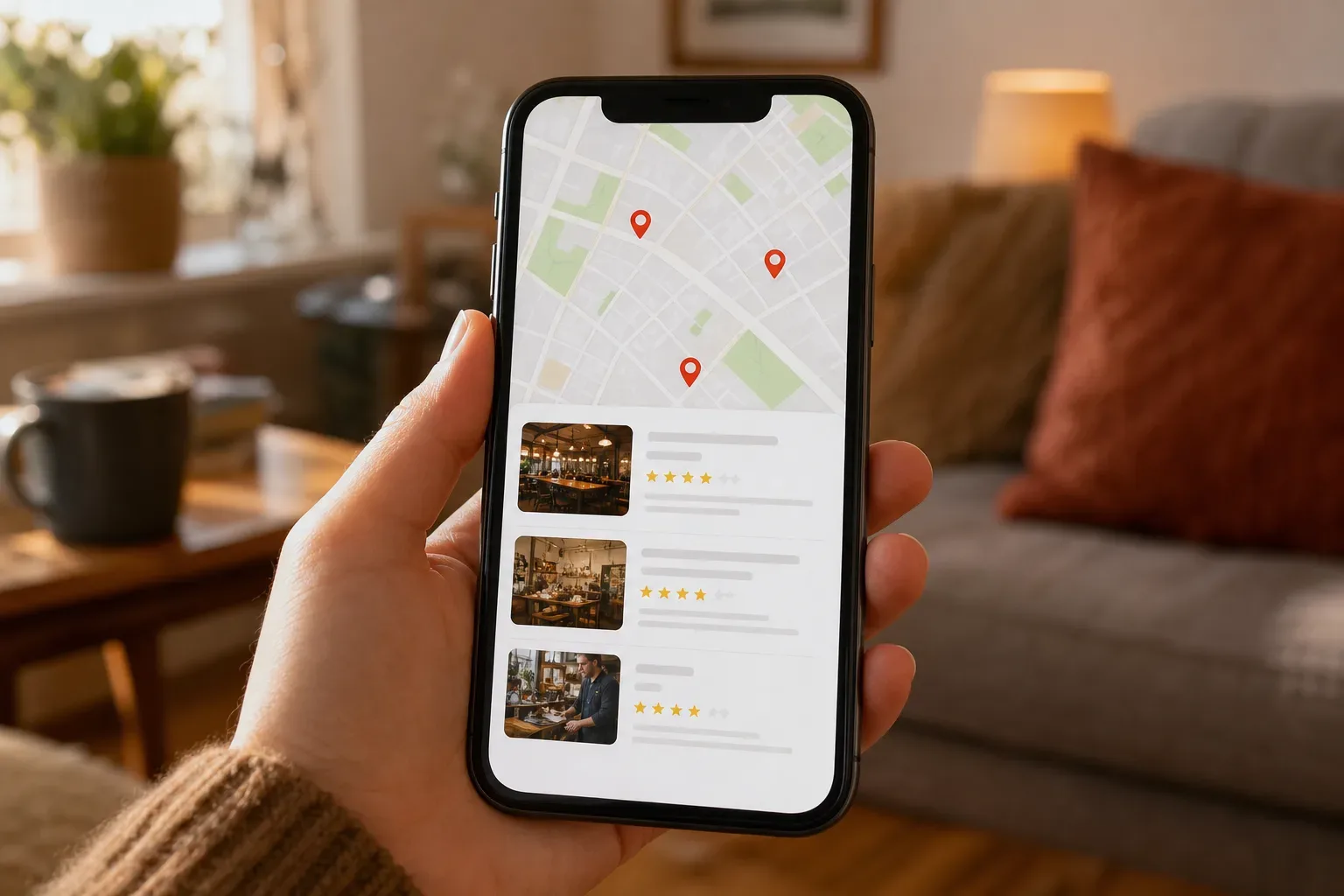 A phone screen displaying a map pack of three local business listings