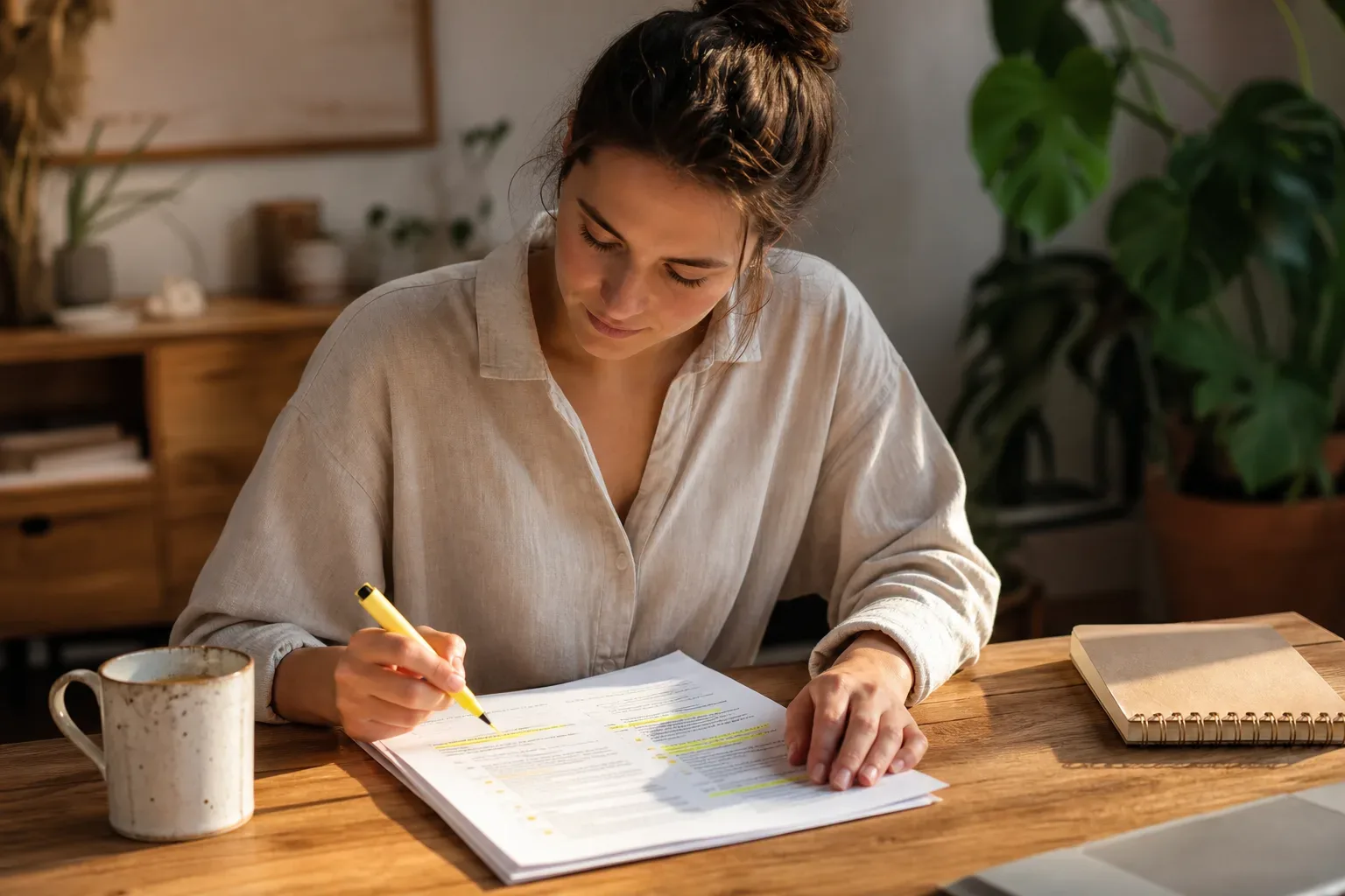 A person highlighting key answers in a printed technical SEO FAQ handout