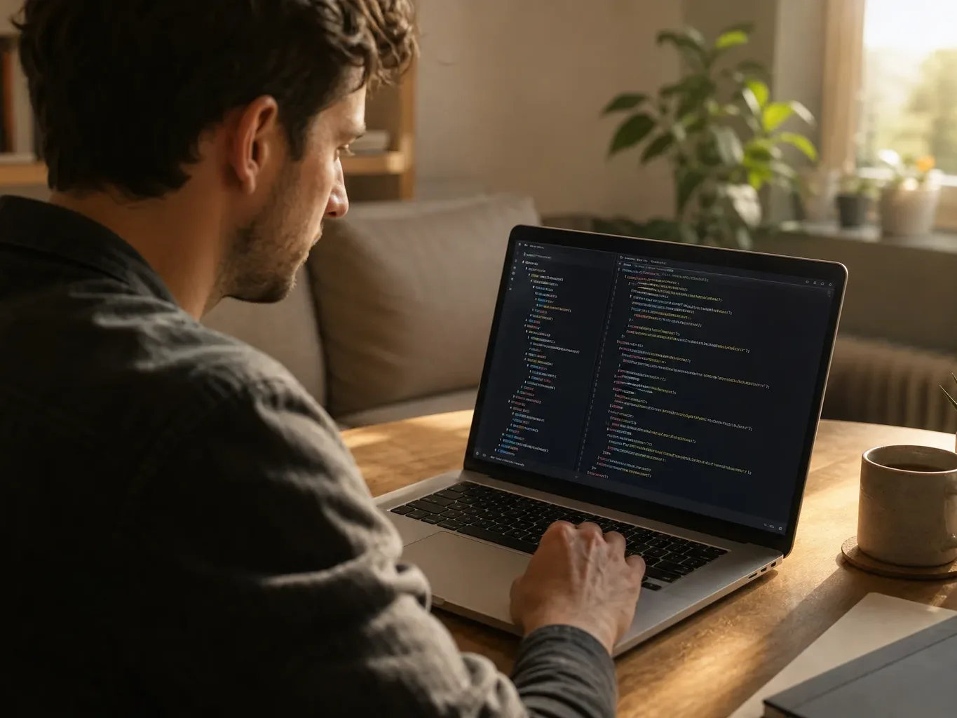 A web developer inspecting a site's HTML structure in a code editor on a laptop