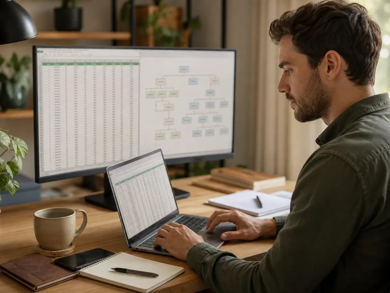 A developer managing a product catalogue spreadsheet alongside a site structure diagram