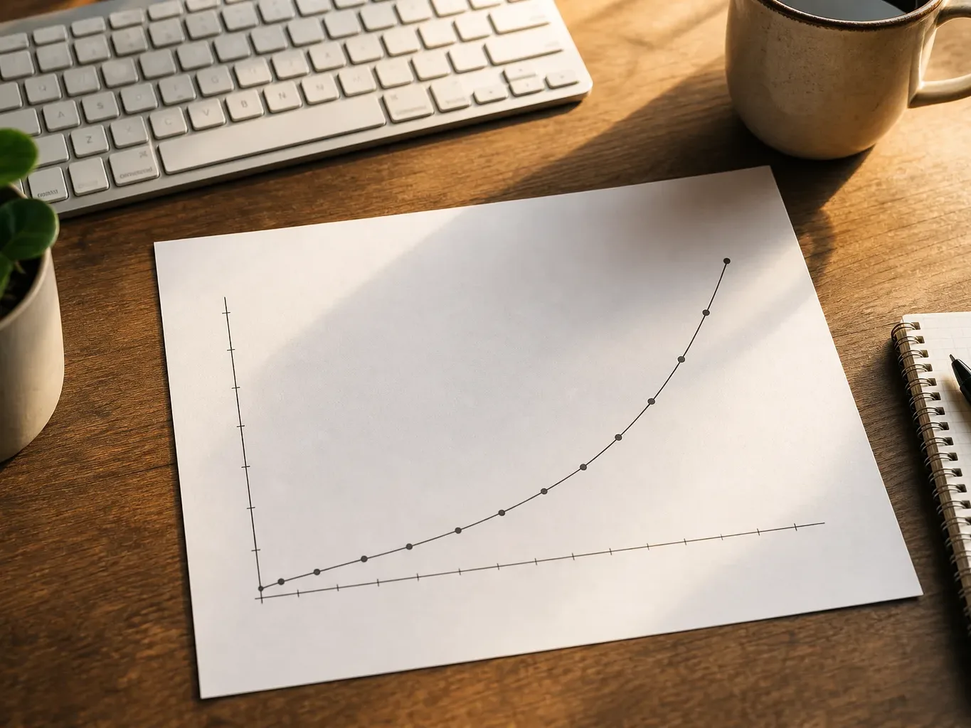 A compound interest-style growth curve printed on paper placed on a desk beside a keyboard