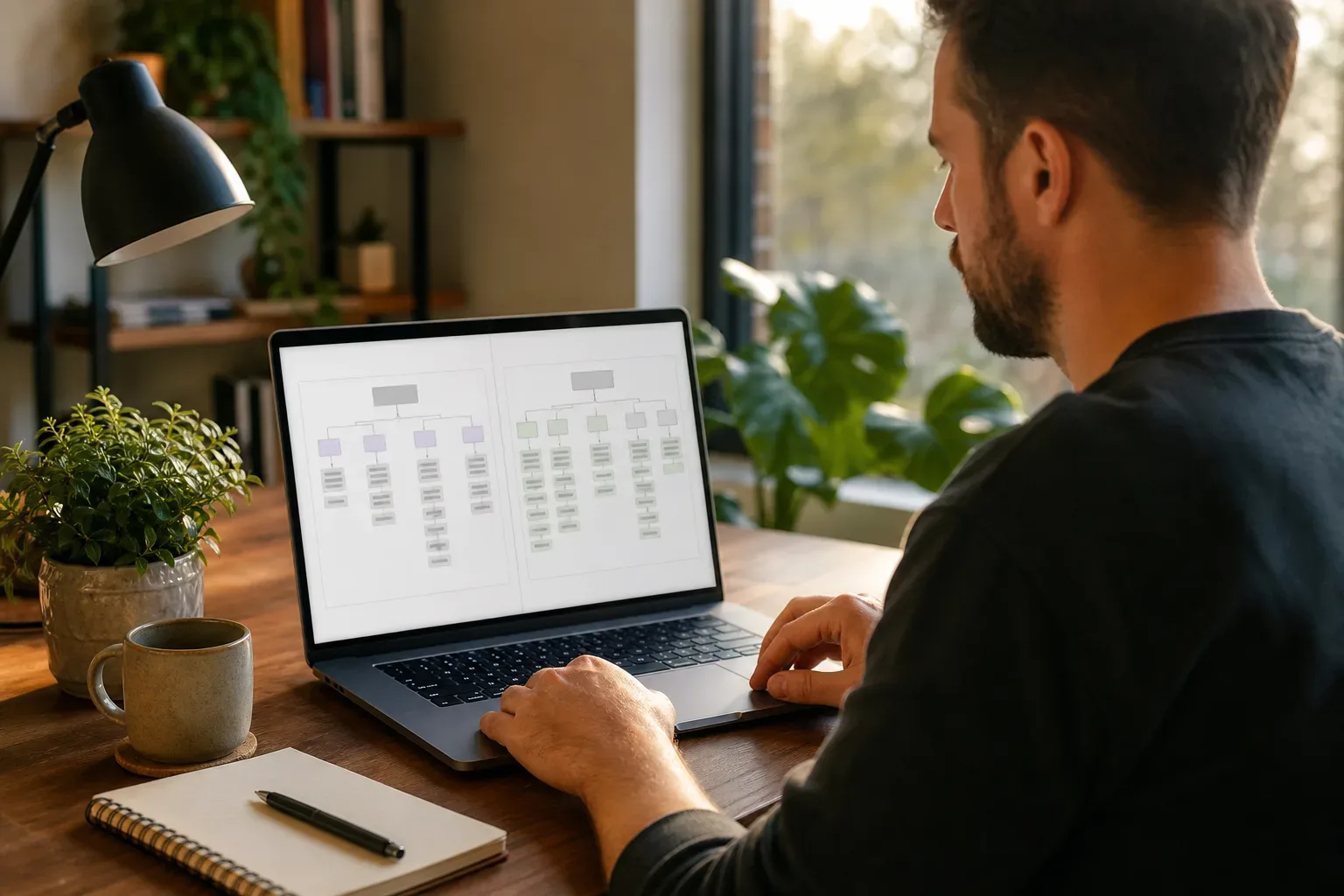 A developer reviewing a before-and-after site structure comparison document on a laptop