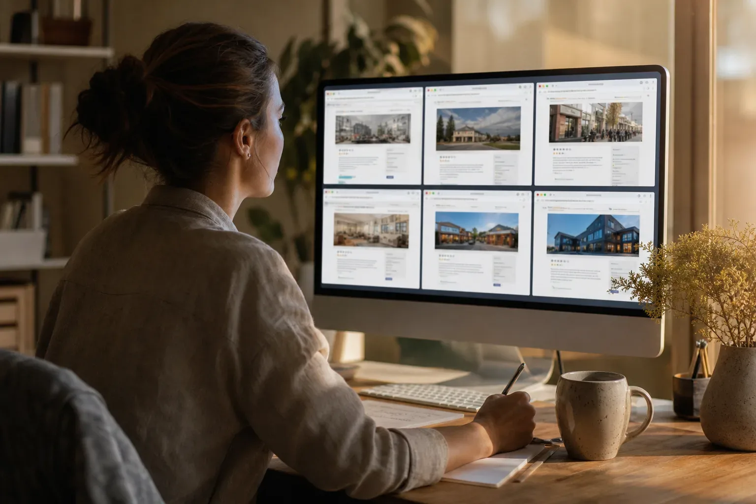A person verifying business citation consistency across multiple browser tabs on a desktop