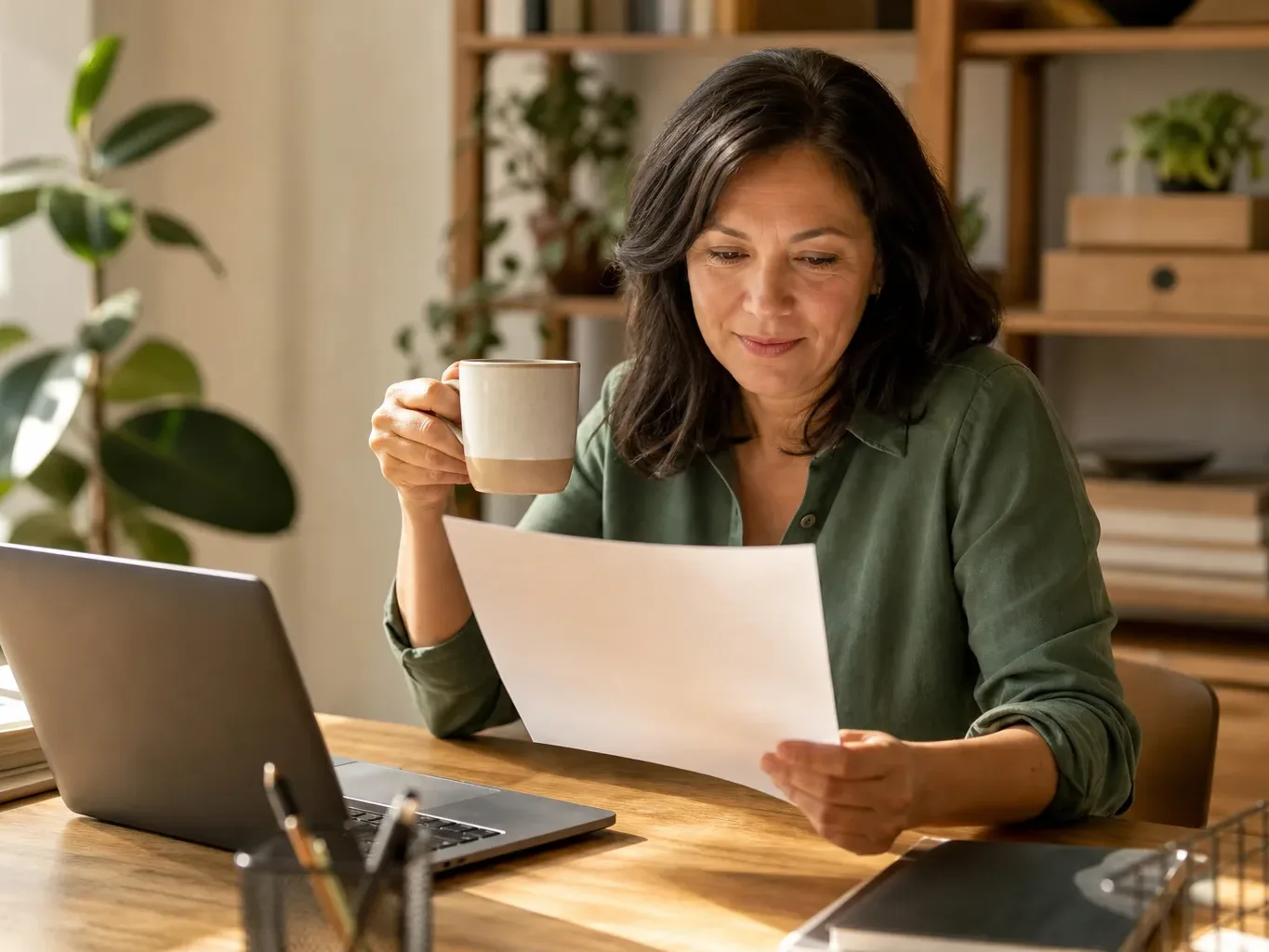 A business owner reading a migration FAQ sheet while holding a coffee mug at a desk